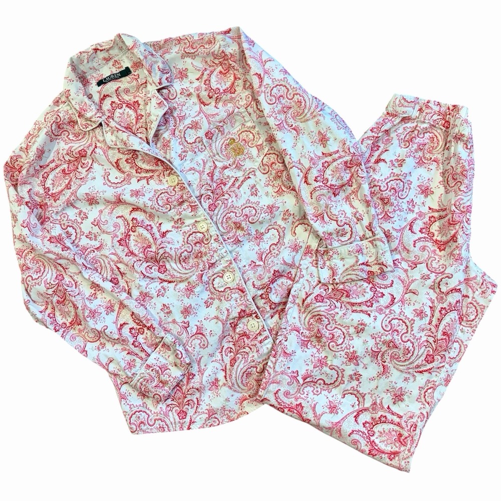 Lauren Ralph Lauren Pajama Set Size M Pink Gold Paisley Long Sleeve Shirt Pants